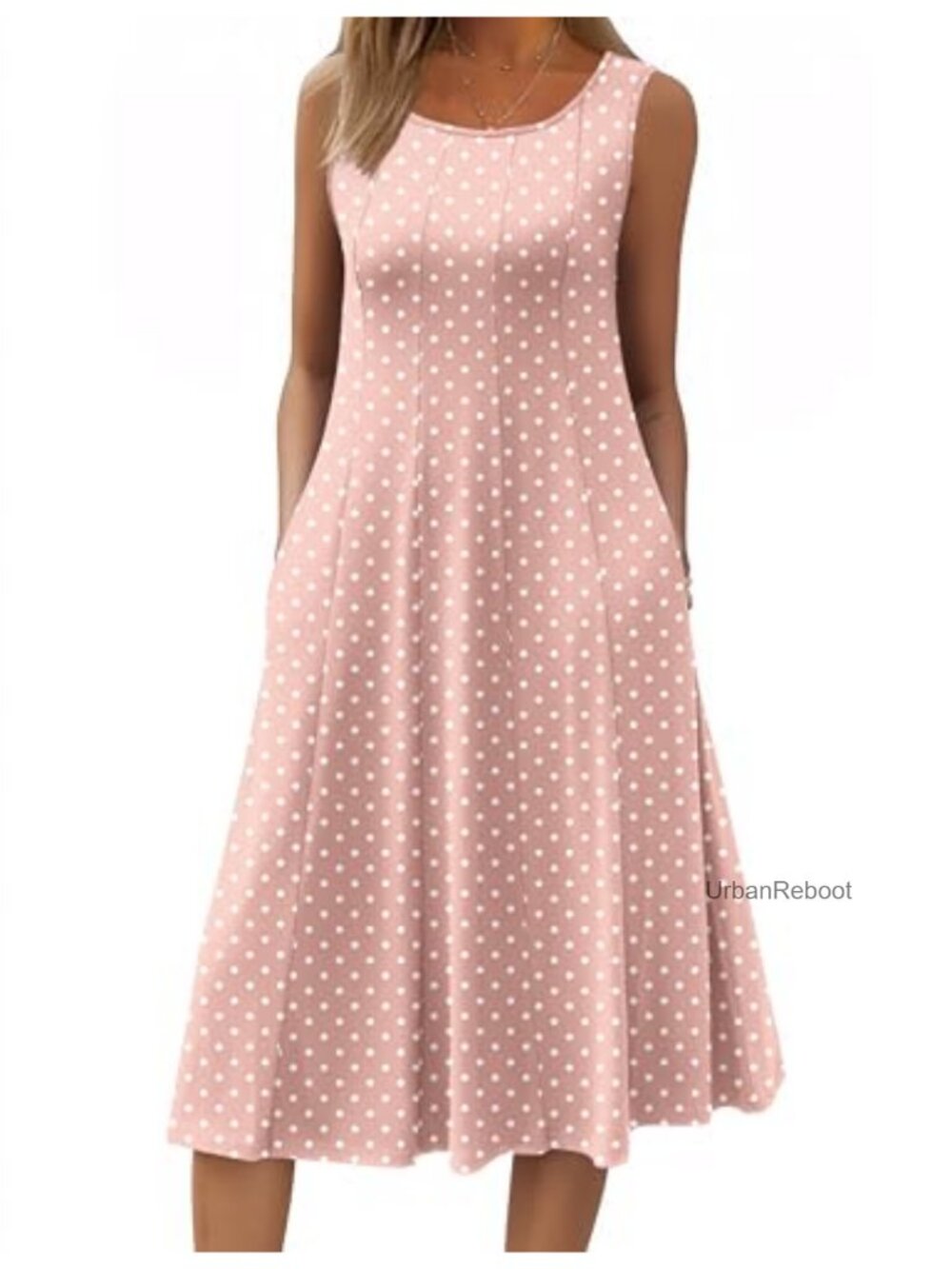 Sleeveless Midi Swing Sundress with Pockets Pleated Tshirt Dress